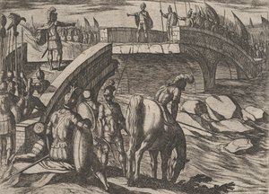 Plate 36: Civilis a Cerialis se setkávají na rozbitém mostě, aby dosáhli dohody, z The War of..., 1611. od Antonio Tempesta