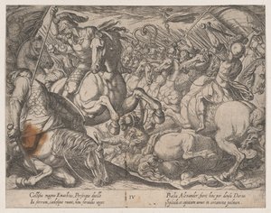 Deska 4: Alexander bojující s Peršany, z Činy Alexandra Velikého, 1608. od Antonio Tempesta