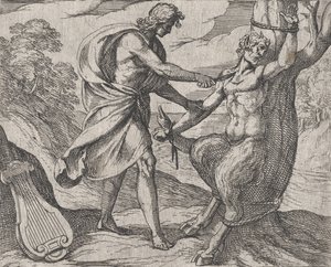 Deska 58: Apollo zabíjení Marsyas Marsyas poražen Apollónem z Ovidiových ‚Met..., 1606. od Antonio Tempesta