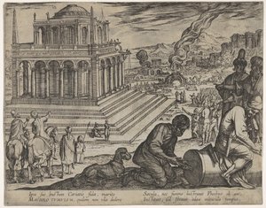 Deska 5: Hrobka Mausolus, kameníci dělají sloup vpravo, ze Sedmi divů..., 1608. od Antonio Tempesta