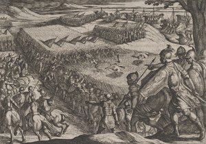 Deska 6: Římané poraženi u Rýna, z Války Římanů proti Bataviánům ..., 1611. od Antonio Tempesta