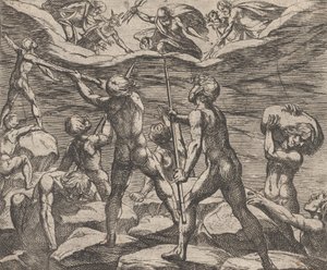 Deska 6: Obři se pokoušejí zaútočit na Olympus Gigantomachia, z Ovidiovy 