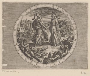 Rome en Batavia schudden elkaar de hand Společnost Římanů a Holanďanů (název na předmětu) De Bataafse oorlogen tegen de Romeinen (název série) Bitva Holanďanů s Římany (název série) od Antonio Tempesta