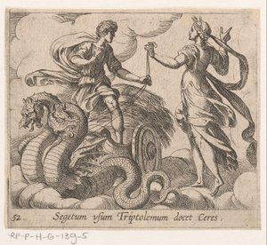 Triptolemus ontagunt de wagon van Ceres Ceres učí Triptolema plodinu (název na předmětu) Metamorphoseon nebo transformace (název série) Metamorfosen van Ovidius (název série) od Antonio Tempesta