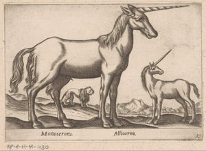 Dva jednorožci a lev Monocerons/ Allicorno (název na objektu) Zvířata a mýtická stvoření (název série) Nova raccolta de li animali piu curiosi del mondo (název série) od Antonio Tempesta