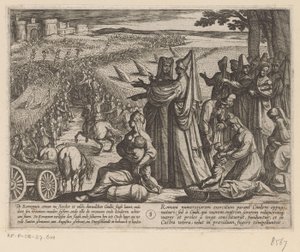 Ženy a děti sledují, jak Julius Civilis poráží Římany Batavské války proti Římanům (název série) Batavorum cum Romanis Bellum (název série) od Antonio Tempesta