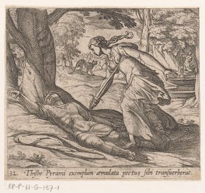 Zelfmoor van Thisbe Thijsbe měl příčnou hruď po vzoru Pyrama (titul na předmětu) Metamorphoseon nebo transformace (název série) Metamorfosen van Ovidius (název série) od Antonio Tempesta