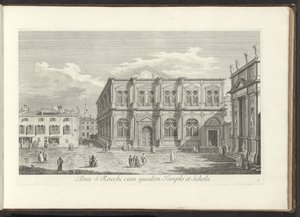 Gezicht op Campo San Rocco te Venetië Oblast S. Rocchi se stejným chrámem a školou (název na objektu) Gezichten op bugemenen en pleinen v Benátkách (název série) Slavnější pohledy na město Benátky z 38 panelů Antonius Canal, vyrytých do mosazi od Ant. od Antonio Visentini
