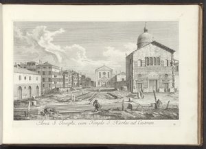 Gezicht op de Chiesa di San Giuseppe di Castello te Venetië Areál sv. Josefa s chrámem sv. Mikuláše na hradě (název na objektu) Gezichten op bugemenen en pleinen v Benátkách (název série) Známější pohledy na město Benátky z obrazů Antonia Canala od Antonio Visentini