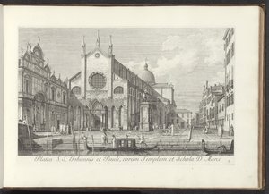 Pohled na kostel Santi Giovanni e Paolo v Benátkách Platea S. S. Johannis et Pauli, eorum Templum et Schola D. Marci (název na objektu) Pohledy na budovy a náměstí v Benátkách (název série) Urbis Venetiarum prospectus celebriores, ex Antonii Can