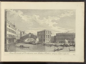 Gezicht on Canal Grande, Palazzo dei Camerlenghi en de Rialtobrug te Benátky Most Rivoalti na západ s veřejnými budovami připojenými po obou stranách (název na objektu) Nejznámější pohledy na město Benátky z 38 panelů Antonius Canal, ex od Antonio Visentini