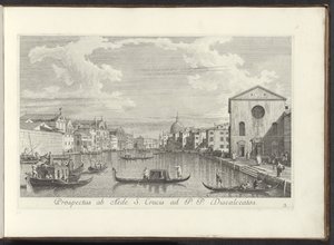 Pohled na Canal Grande, Santa Maria di Nazareth a San Simeone Piccolo te Venetië Vyhlídka od Domu svatého Kříže k P. P. Discalceatos (název na objektu) Nejznámější pohledy na město Benátky, z 38 panelů Antonius Canal, vytištěných mosazí A od Antonio Visentini