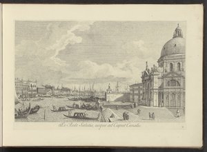Podívejte se na Canal Grande a Santa Maria della Salute te Benátky Od domu spásy k hlavě kanálu (název na objektu) Nejznámější pohledy na město Benátky, z 38 panelů Antonius Canal, vytištěných na mosazi Antoniem Vissentinim, ve třech částech