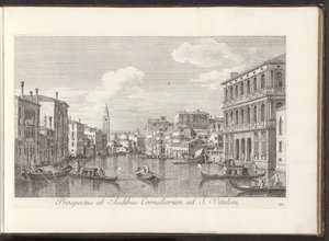 Podívejte se na Canal Grande en de toren van de San Vitale te Benátky Pohled z domu Cornelius na St. Vital (titul na objektu) Nejznámější pohledy na město Benátky, z 38 panelů Antonius Canal, vytištěných ve dřevě Antoniem Vissentinim od Antonio Visentini