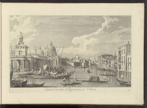 Podívejte se na Canal Grande te Benátky Hlava kanálu a vjezd do města (název na objektu) Nejznámější pohledy na město Benátky z 38 panelů Antonius Canal, vytištěných na mosazi Antoniem Vissentinim, rozdělených do tří částí. díl první (název seriálu