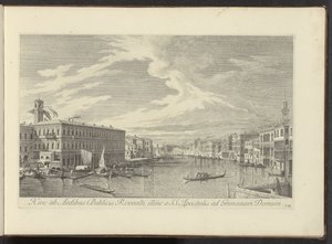 Podívejte se na Canal Grande te Benátky Odtud do veřejných domů Rivoalti, na druhé straně od SS. Apoštolové domu Grimana (název na předmětu) Nejznámější pohledy na město Benátky, z 38 mosazných panelů Antonius Canal, vytištěných Antoniem Vissentinim v část od Antonio Visentini
