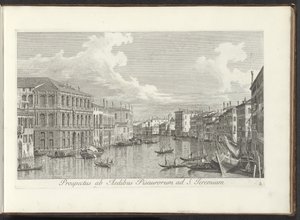 Podívejte se na Canal Grande te Benátky Pohled z domů v Pise na svatého Jeremiáše (název na objektu) Nejznámější pohledy na město Benátky z 38 panelů Antonius Canal, vytištěných na mosazi Antoniem Vissentinim, rozdělených do tří částí. druhá část