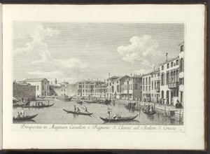 Podívejte se na Canal Grande te Benátky Pohled na Canal Grande z Kraje sv. Kláry k Domu svatého Kříže (titul na objektu) Nejslavnější pohledy na město Benátky, z 38 panelů Antonius Canal, vytištěných vzduchem Antoniem Vissentinim, ve třech částech od Antonio Visentini