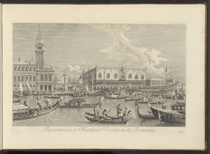Podívejte se na Canal Grande te Venetië a de Bucintoro van de doge Bucentaurus a Nundinae Venetae v den Nanebevstoupení (název na předmětu) Nejslavnější pohledy na město Benátky, z 38 panelů Antonius Canal, vytištěné vzduchem od Antonia Vissentiniho od Antonio Visentini