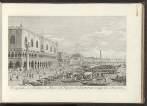 Hoek van het San Marcoplein s Dogepaleis en de zuil s de Leeuw van Venetië Pohled od sloupu svatého Marka na Bank of Dalmatia vulgò de