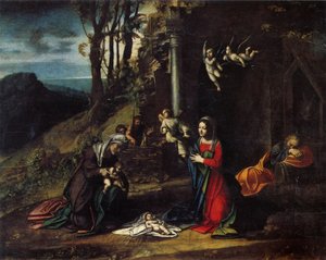 Italsky: Narození se svatou Alžbětou a Janem Narození se svatou Alžbětou a Janem Křtitelem od Antonio da Correggio