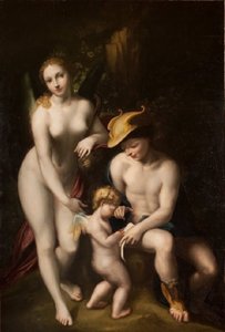 Venuše s Merkurem a Amorem, Škola lásky, autor Antonio da Correggio, vystaveno na zámku Chenonceau. od Antonio da Correggio