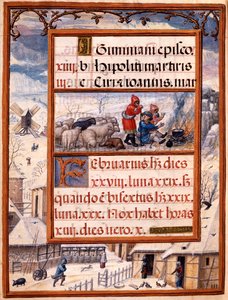 Měsíc únor, miniatury z „Knihy hodin Doma Manuela“, 1517-38 (tempera na pergamenu) od Antonio de Hollanda