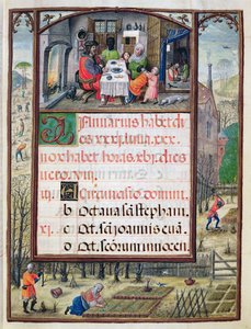 Měsíc leden, miniatury z „Knihy hodin Doma Manuela“, 1517-38 (tempera na pergamenu) od Antonio de Hollanda