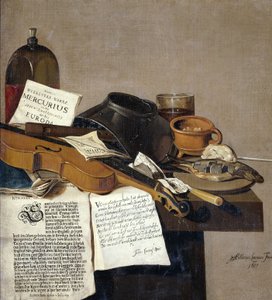 Zátiší s brožury housle, flétna, jídlo a brožury od Antonius Leemans