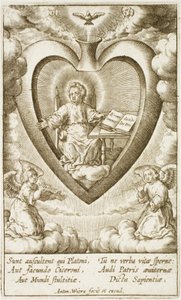Dítě Ježíš sedí v Nejsvětějším Srdci s otevřenou knihou od Antonius Wierix (II)