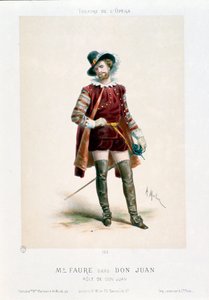 Zpěvák Jean-Baptiste (Jean Baptiste) Faure (1830-1914) v provedení Dona Giovanniho (Don Juan) ve stejnojmenné opeře Wolfganga Amadea Mozarta (1756-1791) během představení v operním divadle v Paříži. Litografie Antonyho Morlona (1834-1914) Colle