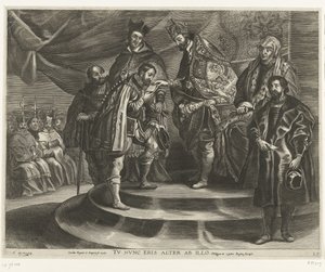 Troonsafsand van Karel V; intocht van Ferdinand te Gent v roce 1635 (blad 25) Karel se zbavil Království a Říše / Nyní budete po něm druhý / Filip II bere království od svého otce (titul na předmětu) od Antony van der Does