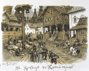 Kitai Gorod v 17. století (Kitay Gorod v 17. století). Obchodní čtvrť v centru Moskvy (Rusko), popsaná v zimě s animací obchodníků uprostřed tradiční architektury. Dílo Appolinari Michajloviče Vasněcova (1856-1933) od Apollinari Mikhailovich Vasnetsov