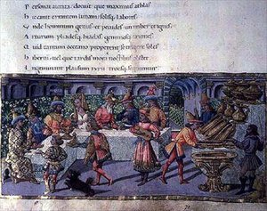 Ms 492 f.75 Scéna hostiny z Aeneidy (pergamen)