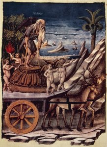 Triumf času, vůz Času tažený jeleny, miniatura Apollonia di Giovanni (1415 nebo 1417-cca 1465) z Triumphs, alegorická báseň Francesca Petrarcy (1304-1374), rukopis 1129, folio, Itálie, vers