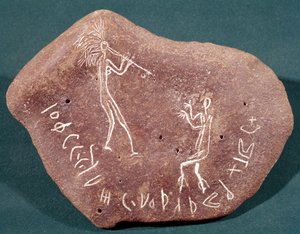 Kámen s tanečnicí, flétnistou a safaitským nápisem, 1. století př. n. l. – 3. století n. l.