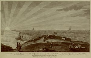 Skupina vojáků odpočívá na vrcholu kopce v popředí s Fort Royal, plachetnicemi a sluncem zapadajícím do moře v pozadí od Archibald (after) Campbell