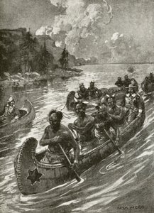 Samuel De Champlain v roce 1608 při výstupu na řeku svatého Vavřince na kánoích přátelských domorodých amerických Indiánů (litho) od Archibald Bertram (after) Webb