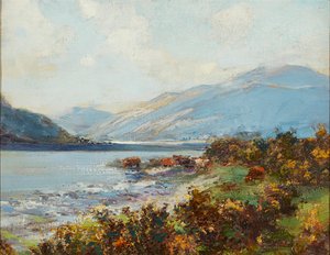 Highland Scéna s napájením dobytka (olej na plátně) od Archibald Kay