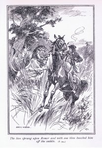 Lev se vrhl na Romera a jedinou ranou ho srazil ze sedla, 1900. od Archibald Webb