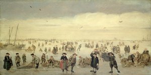 Zimní scéna s mnoha postavami na ledu, cca 1600-31 (olej na panelu)
