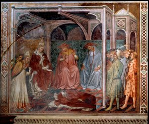 Císař Fridrich Barbarossa se podřizuje papeži Alexandru III., což vede ke 3. lateránskému koncilu roku 1179 (Freska