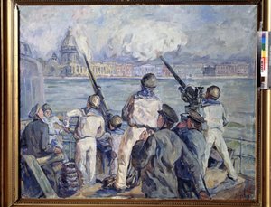 La defense de Sebastopol (Obrana Sevastopolu). Epizoda druhé světové války (1939-1945): panorama města Krymu z ruské vojenské lodi, jejíž námořníci kulometně stříleli německý obléhatel (obléhání 1941-1942). Obraz od Arista od Aristarkh Vasilievic Lentulov