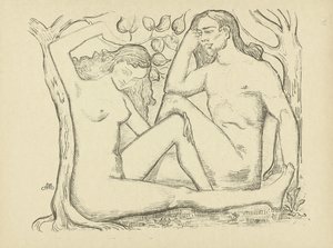 Adam a Eva sedí u stromu Nahý muž a žena L