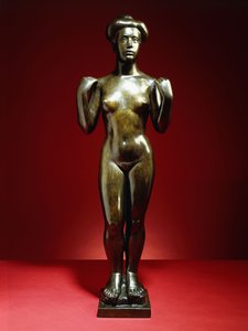 Lapač se zdviženýma rukama; Baigneuse, aux Bras Leves, cca 1900 (bronz se zelenohnědou patinou) od Aristide Maillol