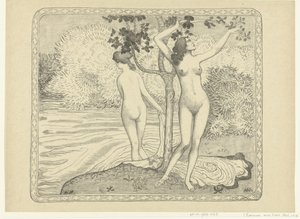 Twee badende vrouwen bij waterkant Zomer Dva nazí koupající se pod stromem u vody Léto The Trial (název série) od Aristide Maillol