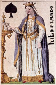 Zastoupení Hildegardy de Vintzgau (757-783), manželky Karla Velikého (Karel I.). Detail hrací karty od Gustava Houbiganta (1789-1862) 19. století Paris B.N.