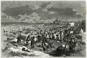 Pláž Ostende. Rytina od A. Heinse, k ilustraci příběhu „“ La Belgique“, od Camille Lemonnier (1844-1913), spisovatelky a umělecké kritiky. Publikováno v Tour du monde new journal des voyages od Armand Jean Heins