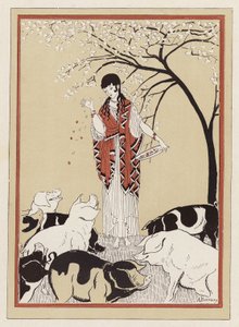 Circe krmí společníky Odyssea poté, co z nich udělal prasata (barva litho)