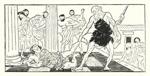 Odysseus táhne Irus ze síně (litho)